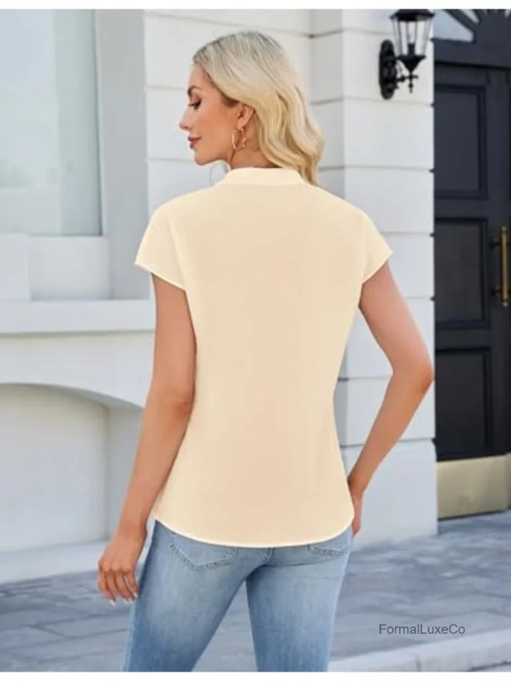 Women's Cap Sleeve Ruffle Blouse V-Neck Pleated Business Casual Top Office